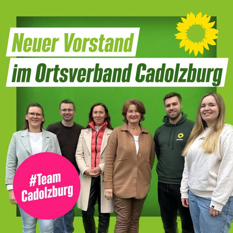 Die Mitglieder des Vorstands im OV Cadolzburg auf grünem Hintergrund mit dem Sonnenblumenlogo.